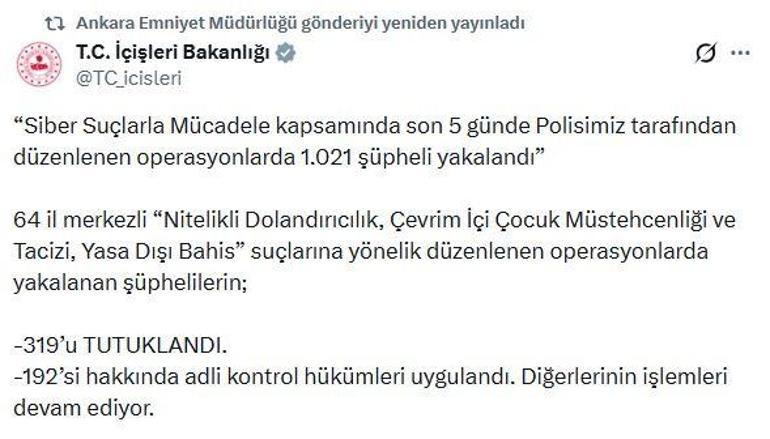 64 il merkezli siber suç operasyonları: 319 tutuklama