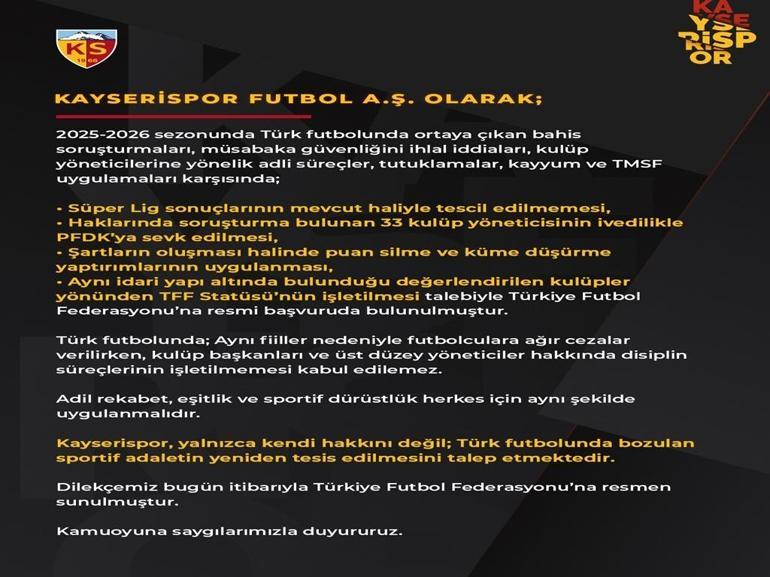 Kayserispor, Süper Lig sonuçlarının mevcut haliyle tescil edilmemesi için TFF’ye başvurdu