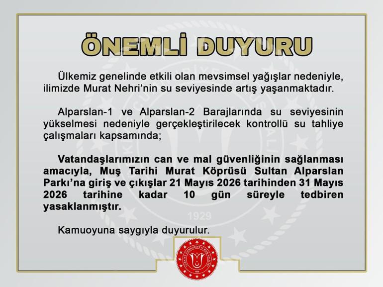 Murat Nehri’nin su seviyesi yükseldi, Murat Köprüsü ve Sultan Alparslan Parkı kapatıldı