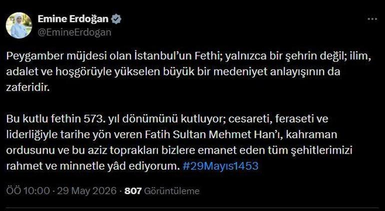 Emine Erdoğan, İstanbulun fethinin 573üncü yıl dönümünü kutladı