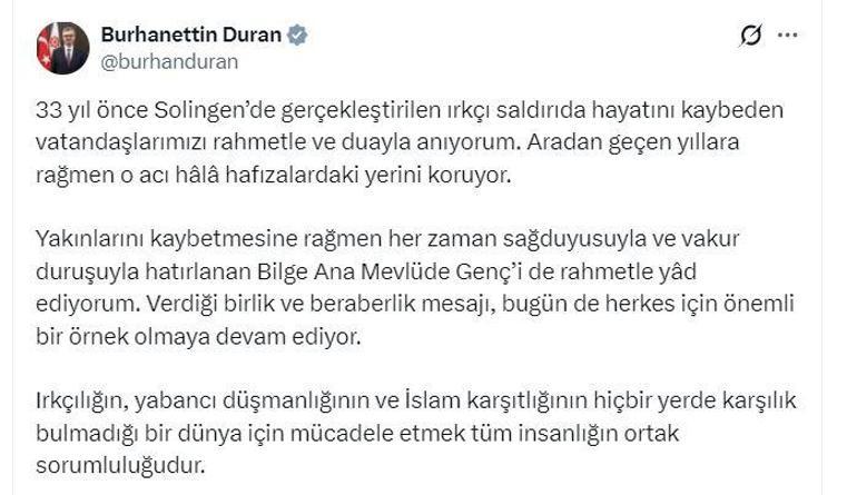 İletişim Başkanı Duran, Solingen faciasında yaşamını yitirenleri andı
