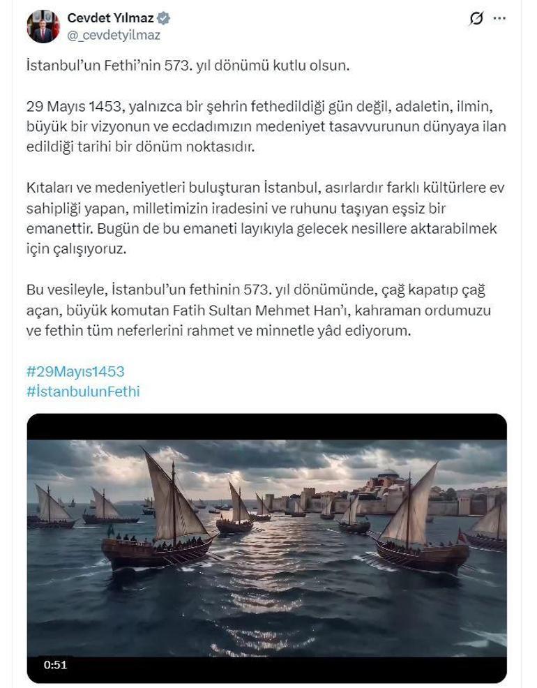 Cevdet Yılmaz, İstanbulun fethinin 573üncü yıl dönümünü kutladı