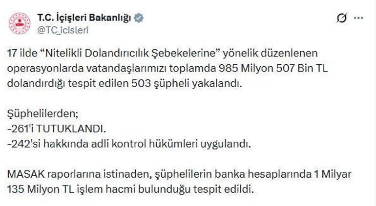 17 ilde nitelikli dolandırıcılık operasyonları: 261 tutuklama
