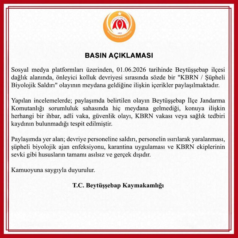 Beytüşşebap Kaymakamlığından KBRN saldırısı iddiasına yalanlama