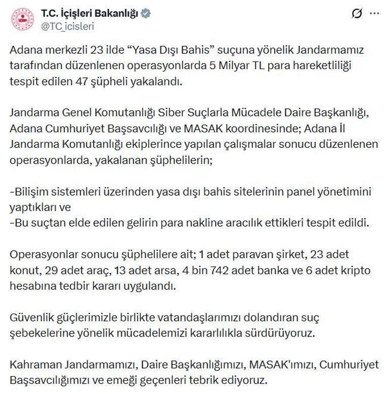 Adana merkezli 23 ilde yasa dışı bahis operasyonları: 47 gözaltı