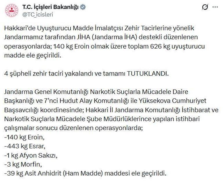 Hakkaride 626 kilo uyuşturucu ele geçirildi: 4 tutuklama