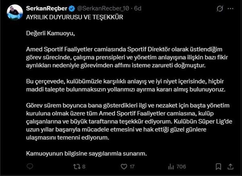 Amed Sportif Faaliyetlerde Serkan Reçberden ayrılık açıklaması