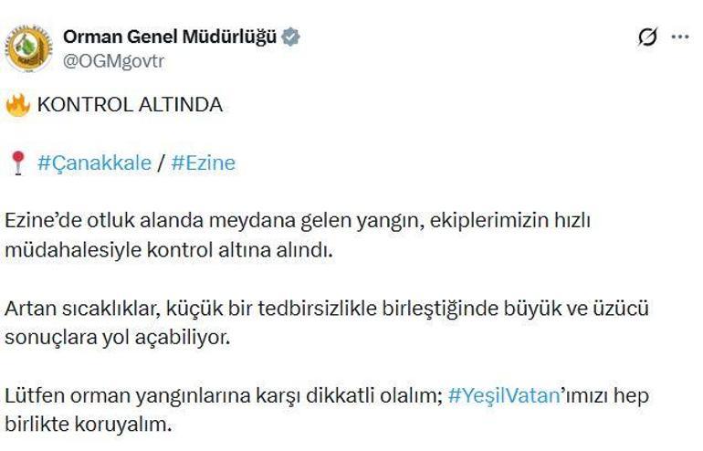 Çanakkalede bozuk ormanda yangın