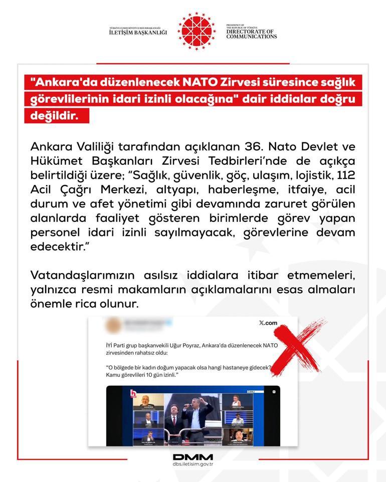 DMM: ‘Ankarada NATO Zirvesi süresince sağlık görevlilerinin idari izinli olacağına’ dair iddialar doğru değildir