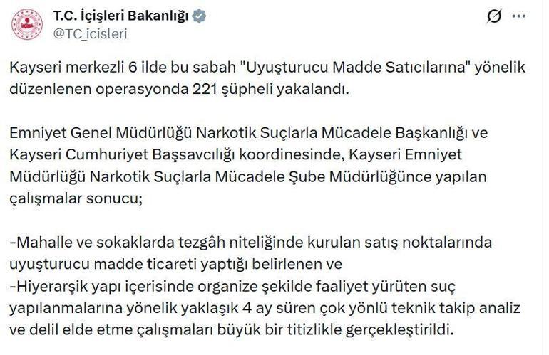 Kayseri merkezli 6 ilde uyuşturucu operasyonu: 221 gözaltı