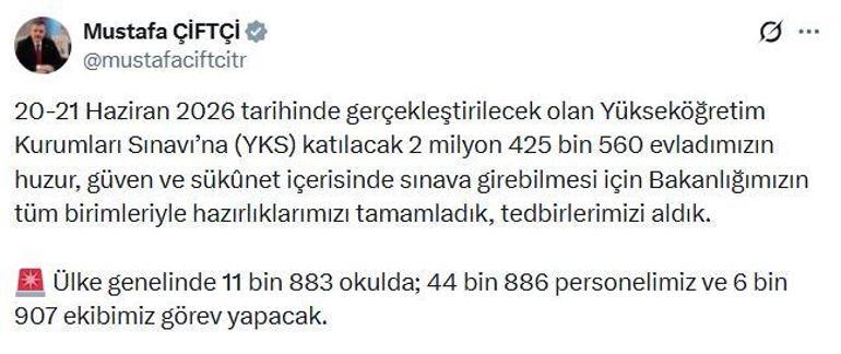Bakan Çiftçi: YKSde 44 bin 886 personelimiz görev yapacak