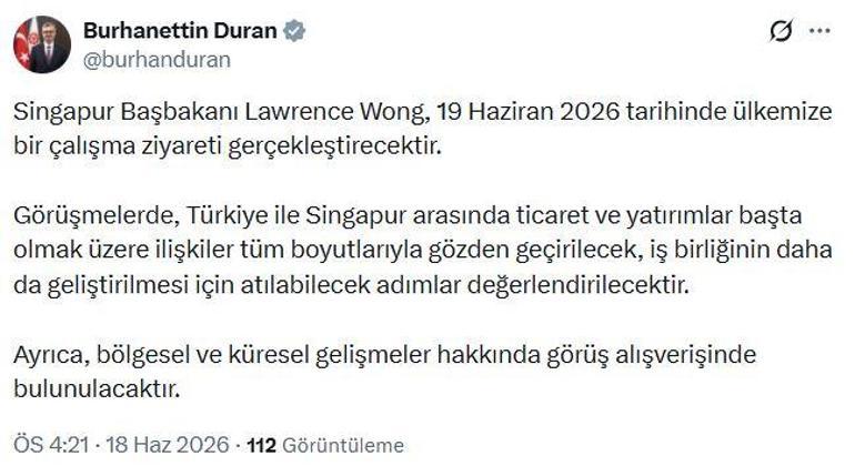 Singapur Başbakanı Wong, Türkiyeye gelecek