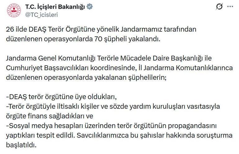 26 ilde DEAŞ operasyonları; 70 şüpheli yakalandı