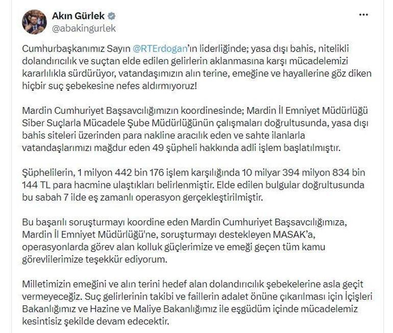 Yasa dışı bahis soruşturmasında 49 şüpheli hakkında adli işlem başlatıldı