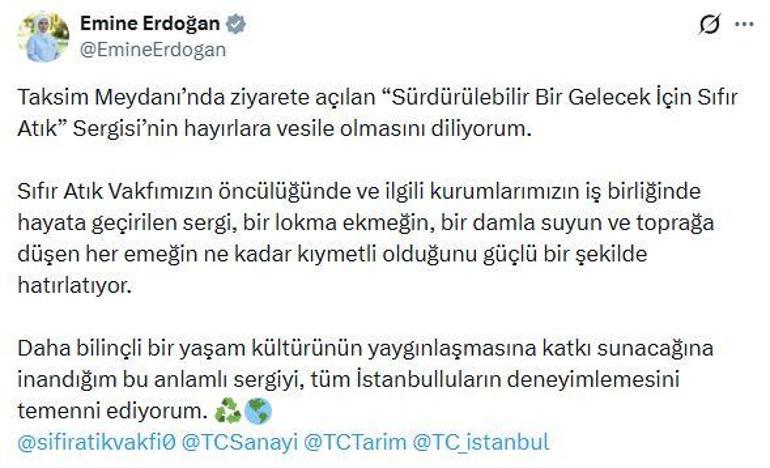 Emine Erdoğandan Sürdürülebilir Bir Gelecek İçin Sıfır Atık sergisi paylaşımı