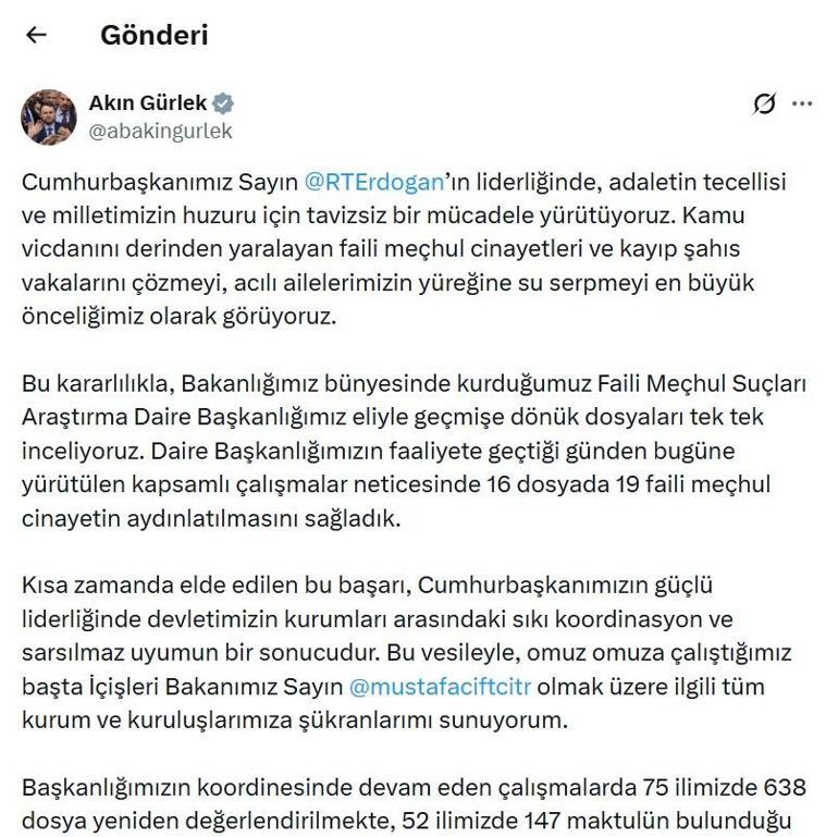 Bakan Gürlek: Faili Meçhul Suçları Araştırma Daire Başkanlığı’nın çalışmalarıyla 19 cinayet aydınlatıldı