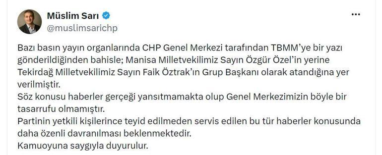 CHP Sözcüsü Sarıdan, Özgür Özelin yerine Öztrakın grup başkanı atandığı iddialarına ilişkin açıklama