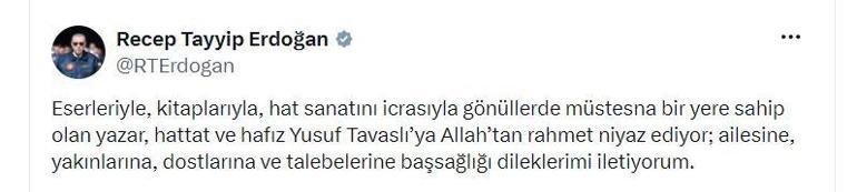Cumhurbaşkanı Erdoğandan yazar Yusuf Tavaslı için taziye mesajı