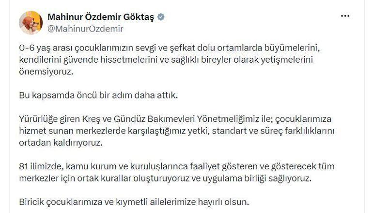Bakan Göktaştan kreş ve gündüz bakımevlerine yönelik yeni düzenlemeye ilişkin paylaşım