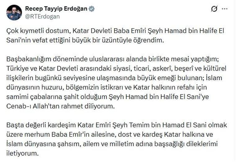 Cumhurbaşkanı Erdoğandan Katar eski Emiri Hamed bin Halife Al Sani için taziye mesajı