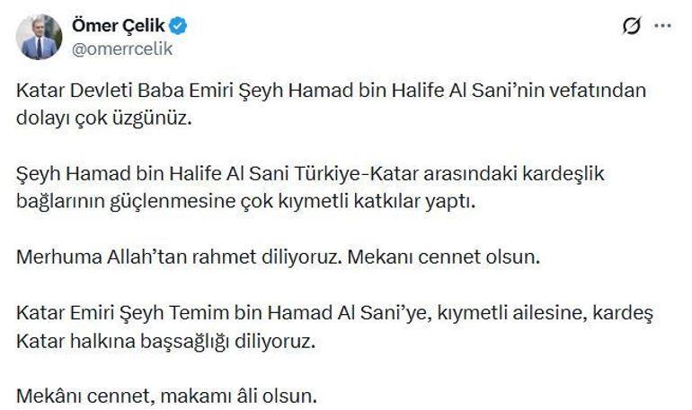 AK Parti’li Çelikten eski Katar Emiri Hamed bin Halife Al Sani için taziye mesajı