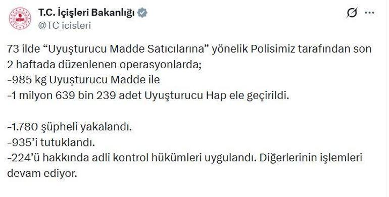 73 ildeki uyuşturucu operasyonlarında 935 tutuklama