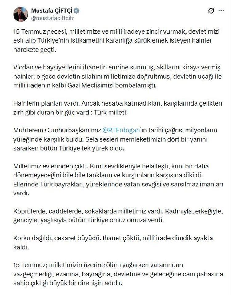 Bakan Çiftçiden 15 Temmuz mesajı