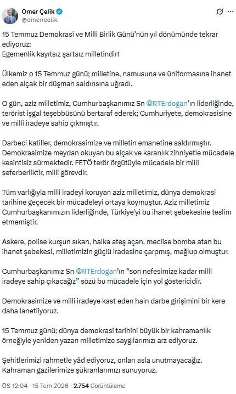 Ömer Çelik: FETÖ terör örgütüyle mücadele bir milli seferberliktir