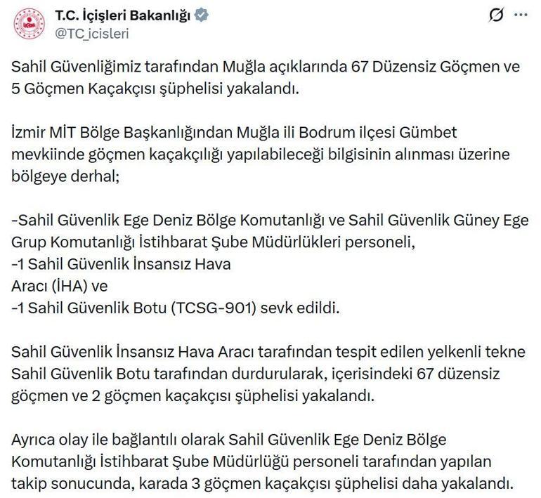 Muğla açıklarında 67 düzensiz göçmen yakalandı