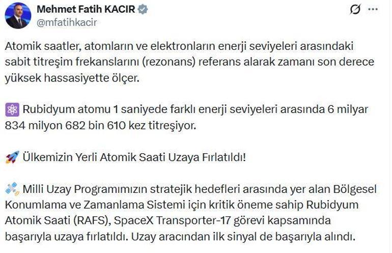 Bakan Kacır: Ülkemizin yerli atomik saati uzaya fırlatıldı