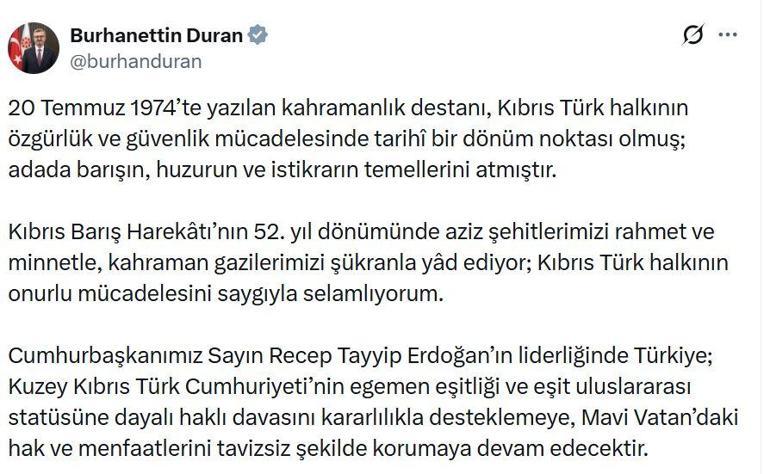 İletişim Başkanı Durandan Kıbrıs Barış Harekatının 52nci yıl dönümü mesajı