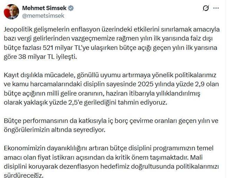 Bakan Şimşek: Bütçe açığı 38 milyar TL iyileşti