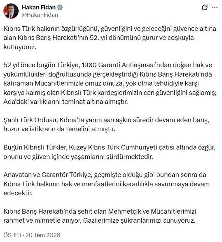 Bakan Fidan: Türkiye, Kıbrıs Türk halkının hak ve menfaatlerini savunmaya devam edecek