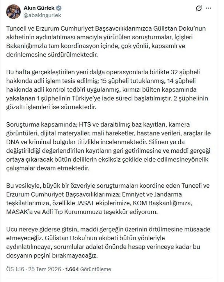 Bakan Gürlekten Gülistan Doku soruşturması açıklaması