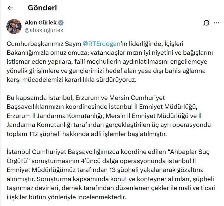 Bakan Gürlek: 3 soruşturmada 112 şüpheli hakkında adli işlem başlatıldı