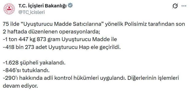 75 ilde uyuşturucu satıcılarına operasyon: 846 tutuklama