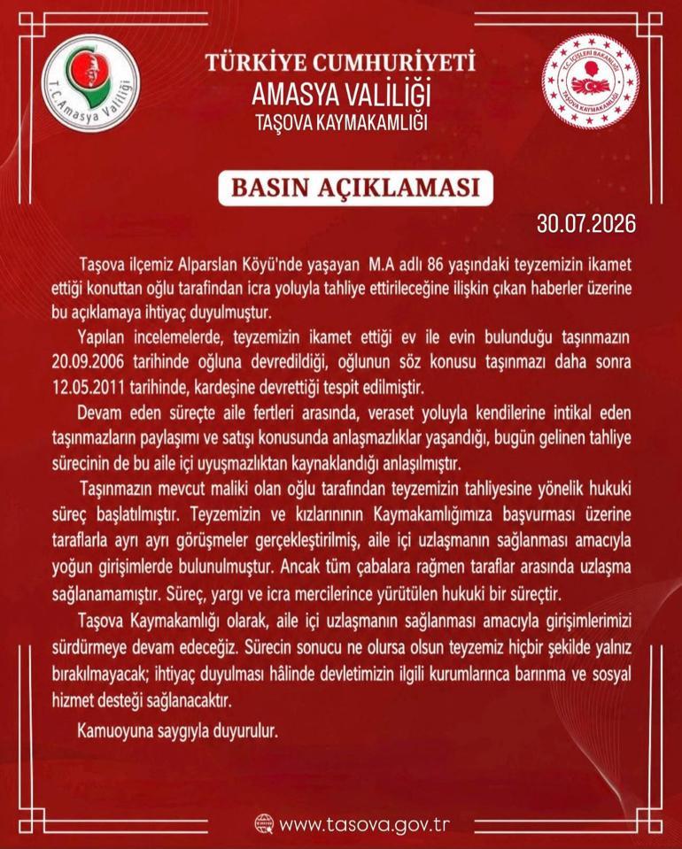 Valilikten oğlu tarafından icra yoluyla evden çıkarılmak istenen yaşlı kadına ilişkin açıklama