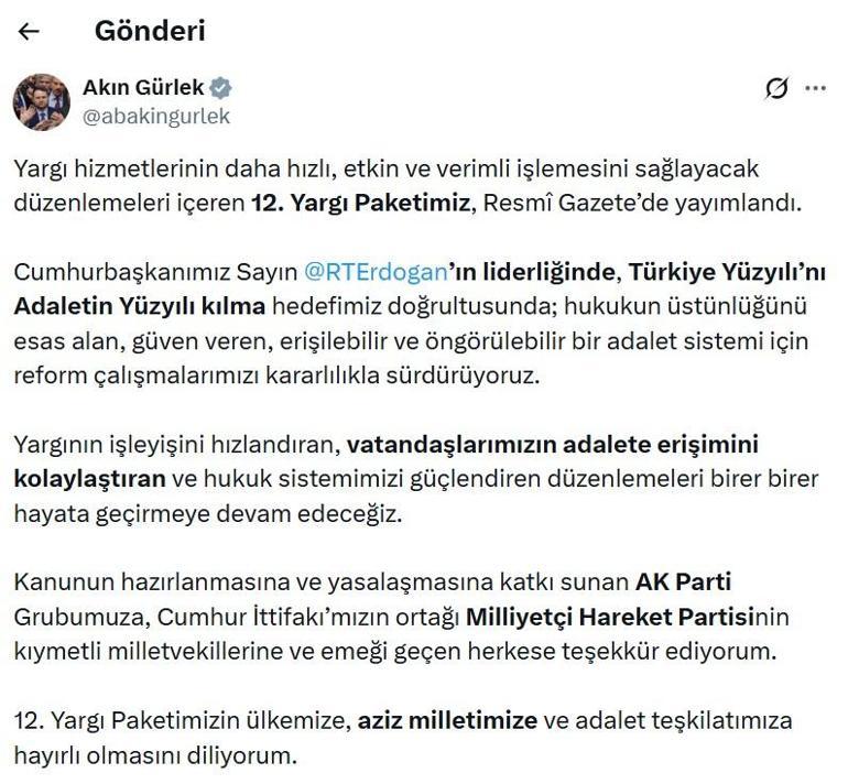 Bakan Gürlek: 12’nci Yargı Paketimiz Resmi Gazete’de yayımlandı