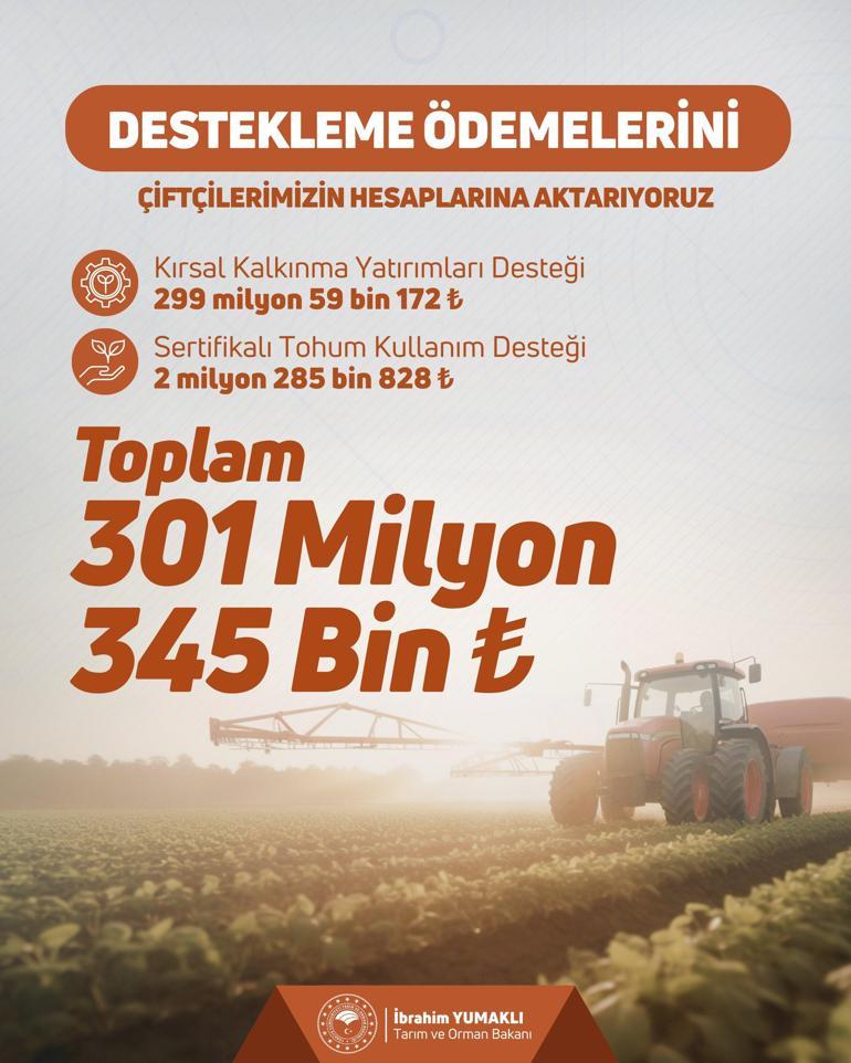 Bakan Yumaklı: 301 milyon TL destek ödemesini çiftçilerimizin hesaplarına aktarıyoruz
