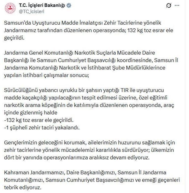 Samsunda 132 kilo toz esrar ele geçirildi; 1 gözaltı
