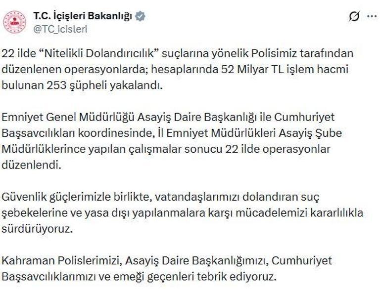 22 ilde Nitelikli dolandırıcılık operasyonu; 253 gözaltı