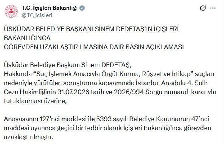 Üsküdar Belediye Başkanı Dedetaş, görevden uzaklaştırıldı