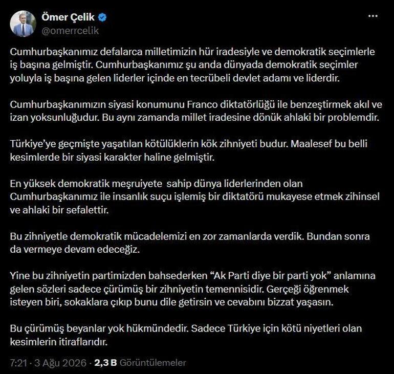 AK Partili Çelik: Cumhurbaşkanımızın siyasi konumunu Franco diktatörlüğü ile benzeştirmek akıl ve izan yoksunluğudur