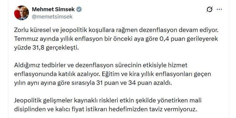 Bakan Şimşek: Zorlu koşullara rağmen dezenflasyon devam ediyor