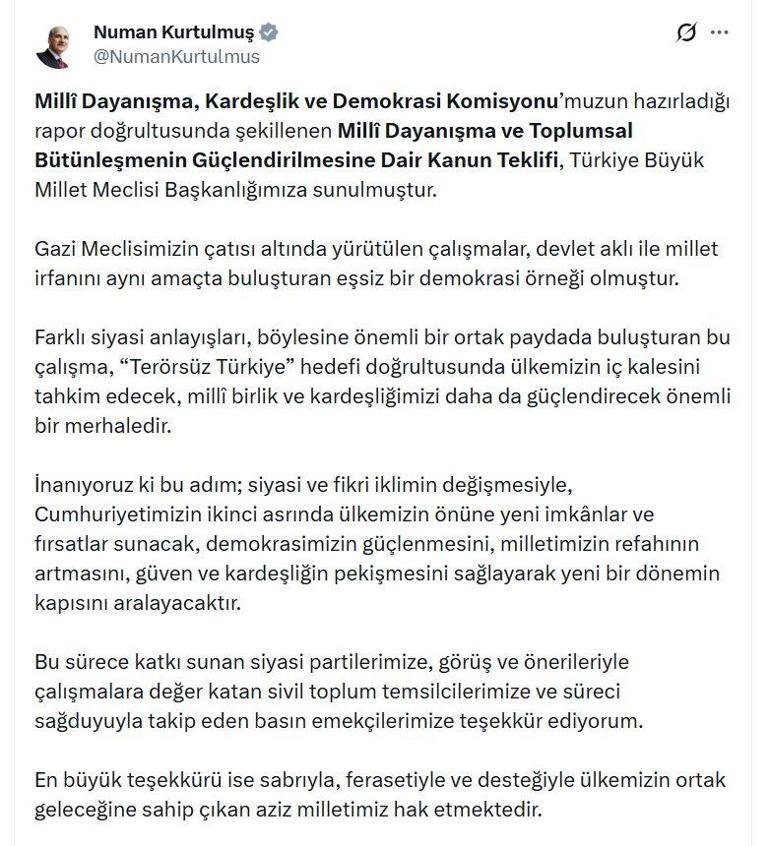 TBMM Başkanı Kurtulmuş: Bu adım, yeni bir dönemin kapısını aralayacak