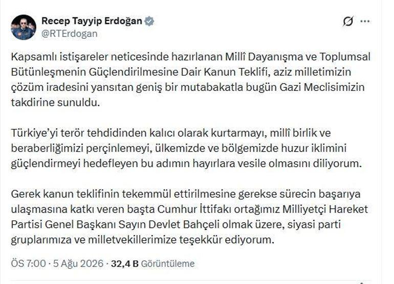 Cumhurbaşkanı Erdoğan: Milli birliğimizi perçinlemeyi hedefleyen bu adımın hayırlara vesile olmasını diliyorum