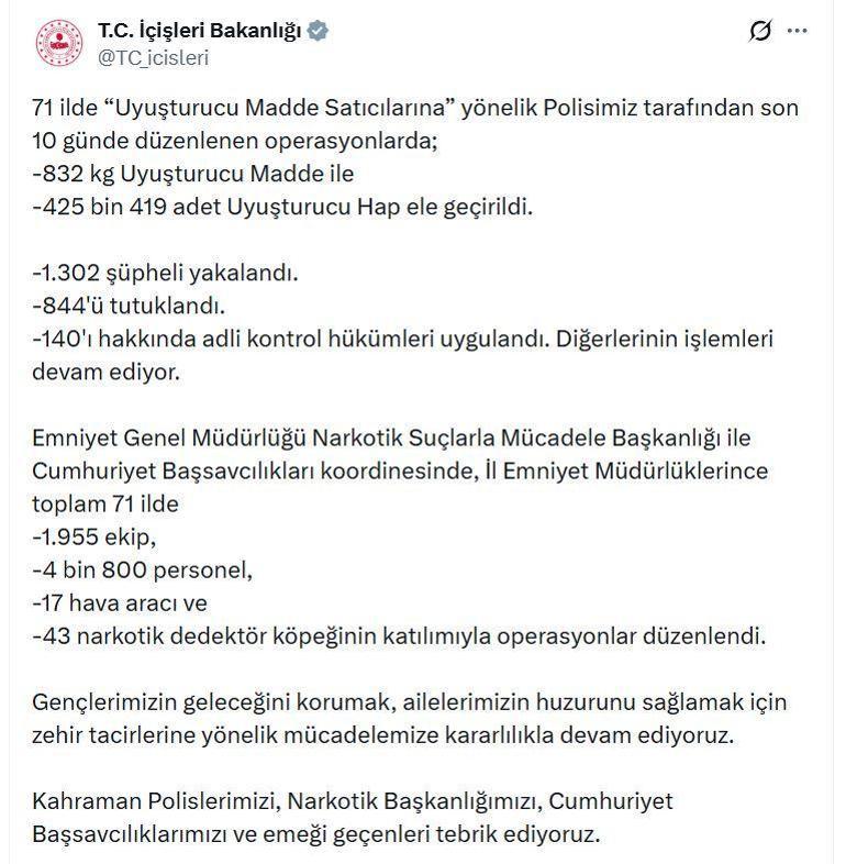 71 ilde uyuşturucu operasyonu: 844 tutuklama