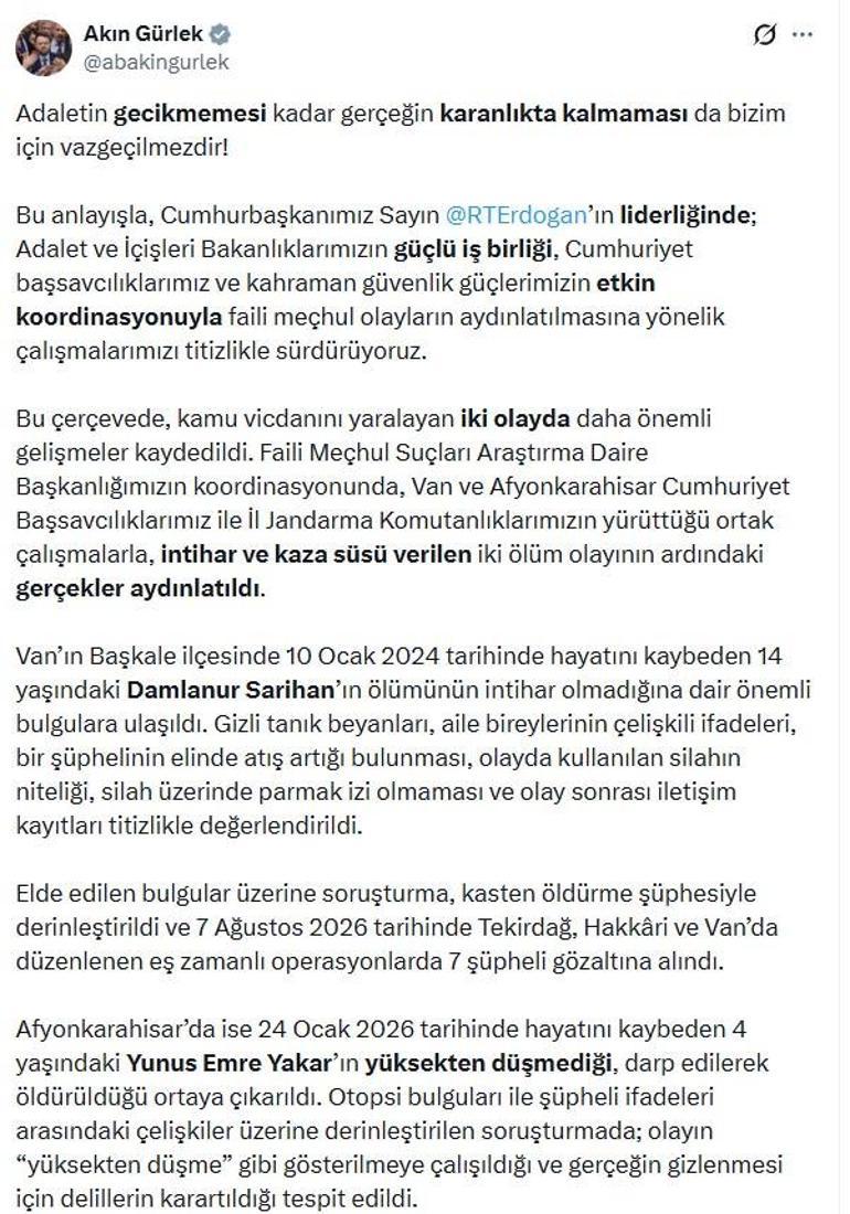 Bakan Gürlek: İntihar ve kaza süsü verilen iki ölüm olayı aydınlatıldı