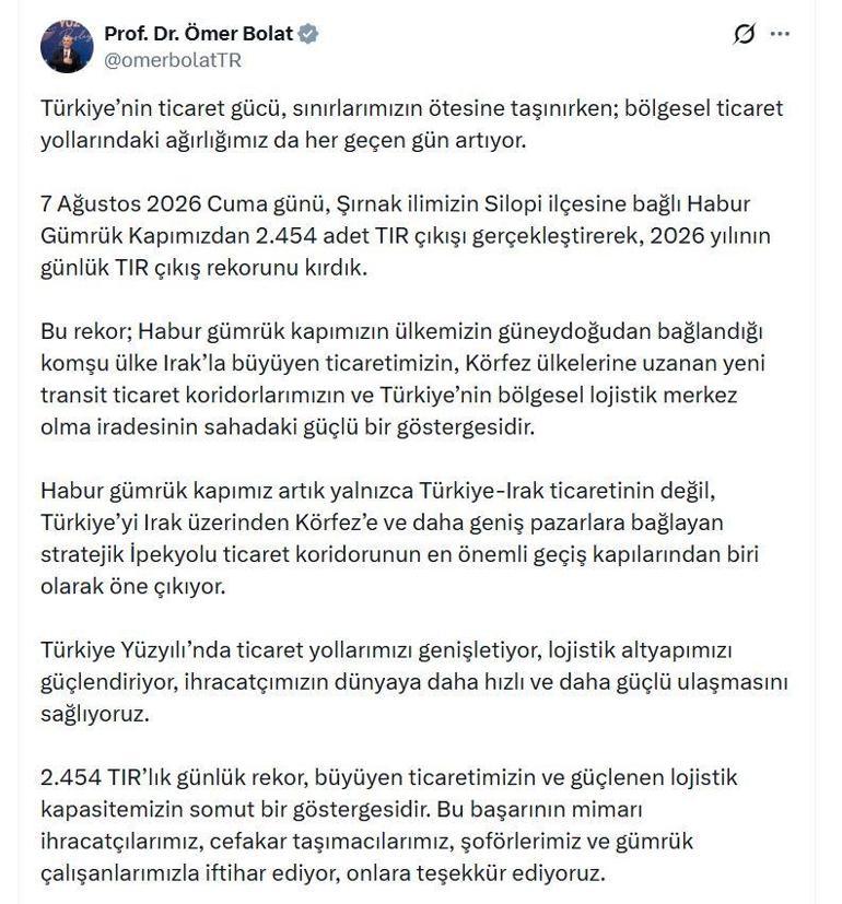 Bakan Bolat: Habur Gümrük Kapımızda 2026nın günlük TIR çıkış rekorunu kırdık