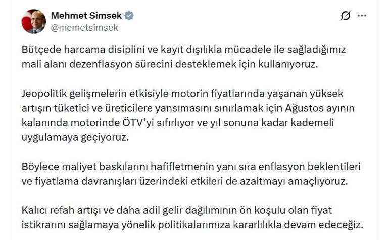 Bakan Şimşek: Ağustos ayının kalanında motorinde ÖTVyi sıfırlıyoruz